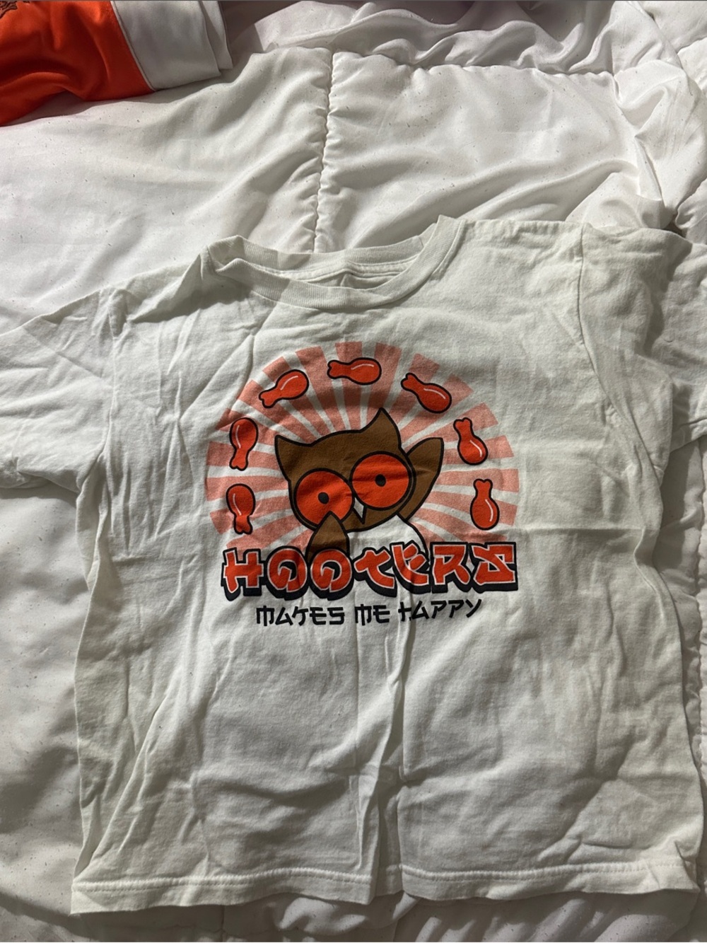 Hooters White Kids Tee with Orange and Brown Owl Graphic